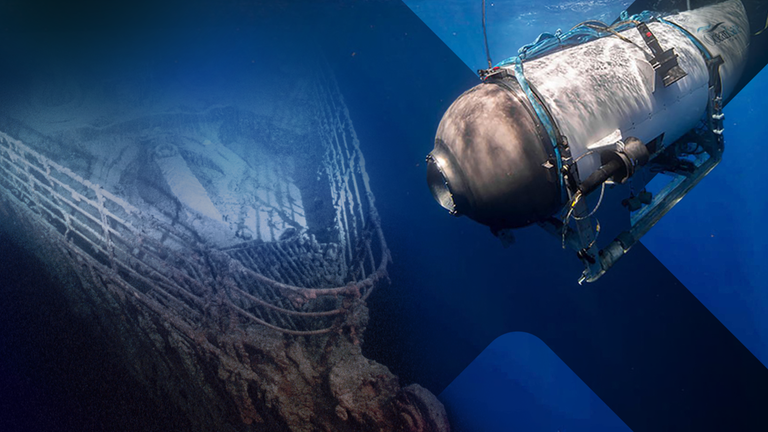 Mini-Tauchboot Titan vor Titanic-Wrack (Montage)