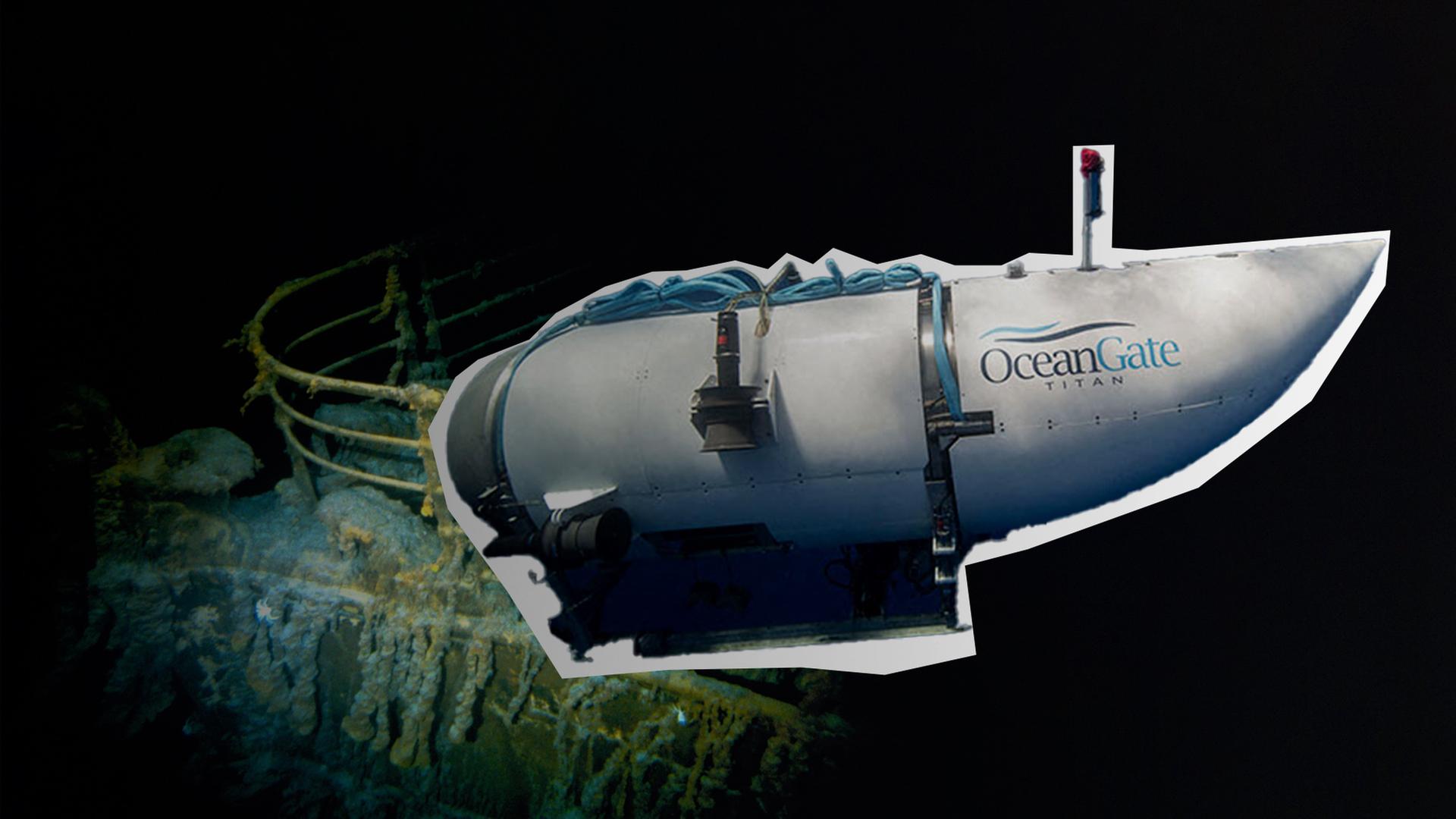 Zu sehen ist eine Montage mit einem Tauchboot des Unternehmens "OceanGate" und Teilen des Wracks der "Titanic".