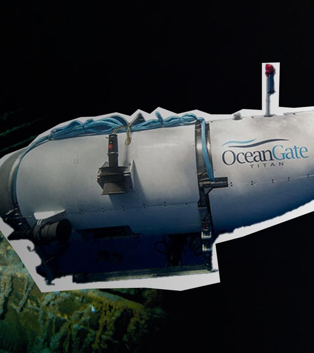 Zu sehen ist eine Montage mit einem Tauchboot des Unternehmens "OceanGate" und Teilen des Wracks der "Titanic".