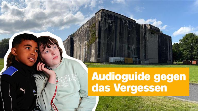 Zwei Kinder hören Audioguide, dahinter Bunker Valentin, daneben Schrift "Audioguide gegen Vergessen"