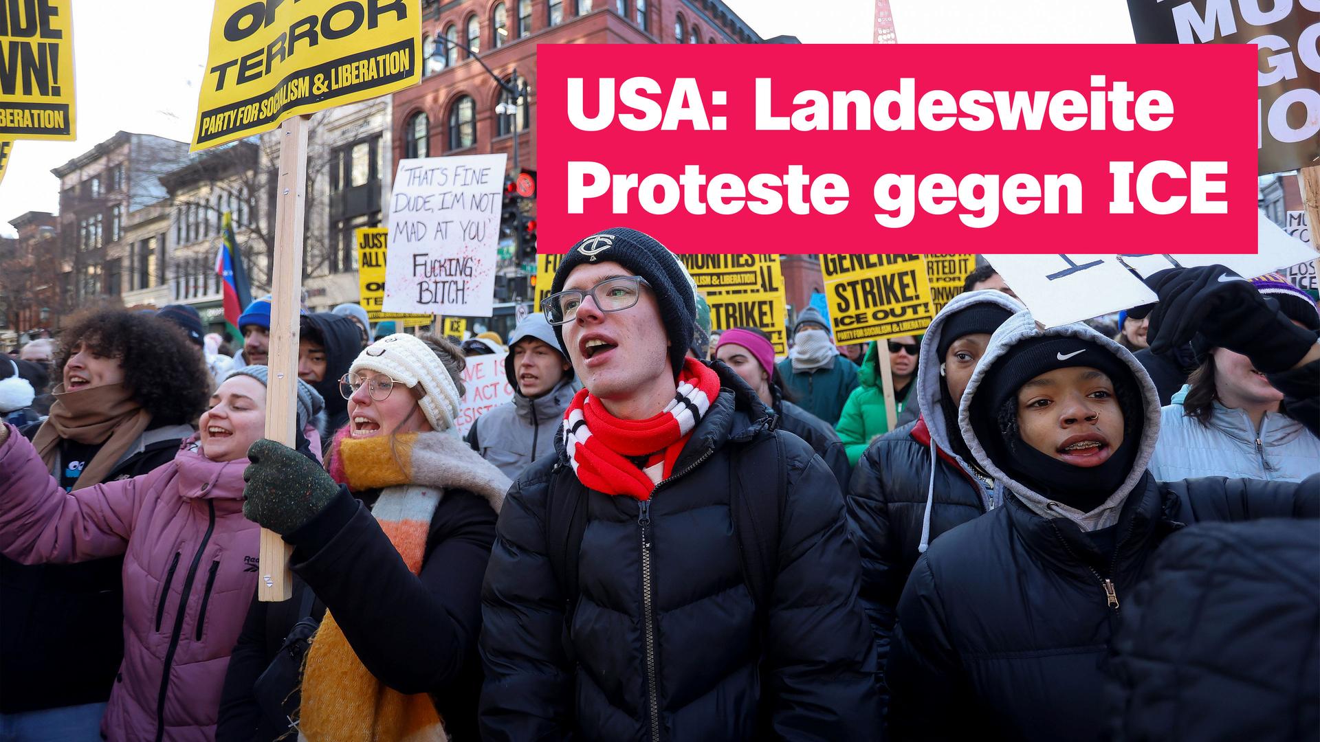 Proteste gegen ICE in den USA, Text: "USA: Landesweite Proteste gegen ICE"