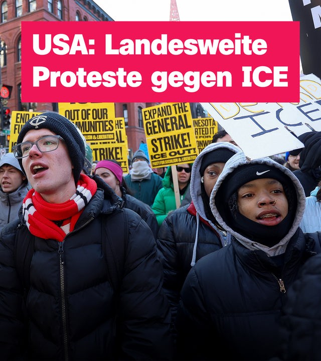 Proteste gegen ICE in den USA, Text: "USA: Landesweite Proteste gegen ICE"