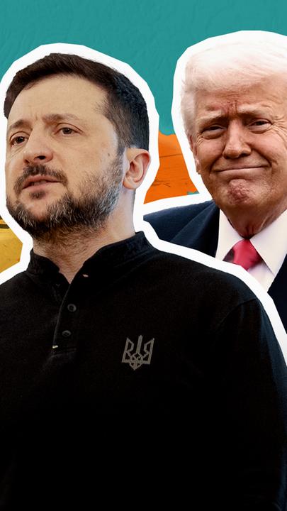 Selenskjy und Trump in einer Montage vor einer Karte der Ukraine