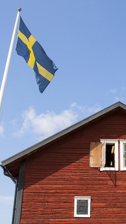 "Tod im Sommerhaus - Ein schwedisches Drama": Ein Haus in Schweden, daneben die schwedische Flagge.