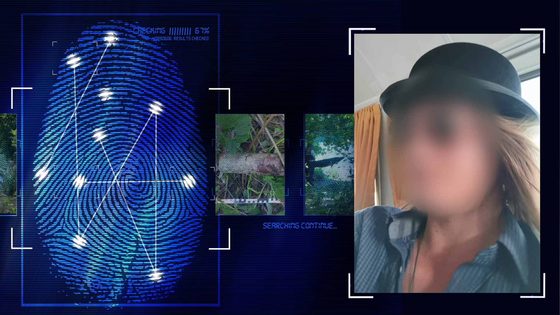 Portraitfoto eines ca. 30 Jahre alten Mannes. Er trägt einen schwarzen Hut und hat schulterlange braune Haare. Er hat eine Sonnenbrille mit dunklen runden Gläsern an. Das Gesicht wure im Bild technisch verfremdet. Im Hintergrund ist ein Fenster zu sehen (Anschnitt) und ein orange-farbener blickdichter Vorhang. Links daneben: Lichtschematische Darstellung eines Fingerabdrucks.