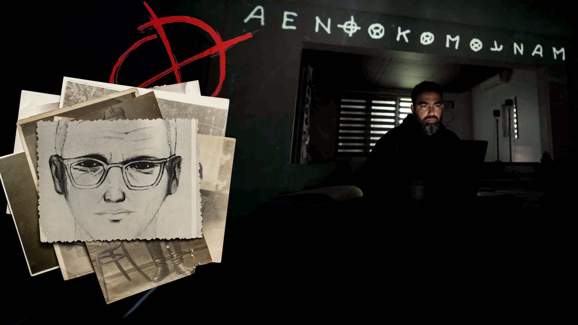 Rechts ein Mann vor dem Bildschirm seines Computers, über ihm auf die Wand projeziert Teile des Codes, den der Zodiackiller benutzt hat. Links das Phantombild des Zodiackillers auf einem Stapel alter Bilder, dahinter in rot sein Zeichen