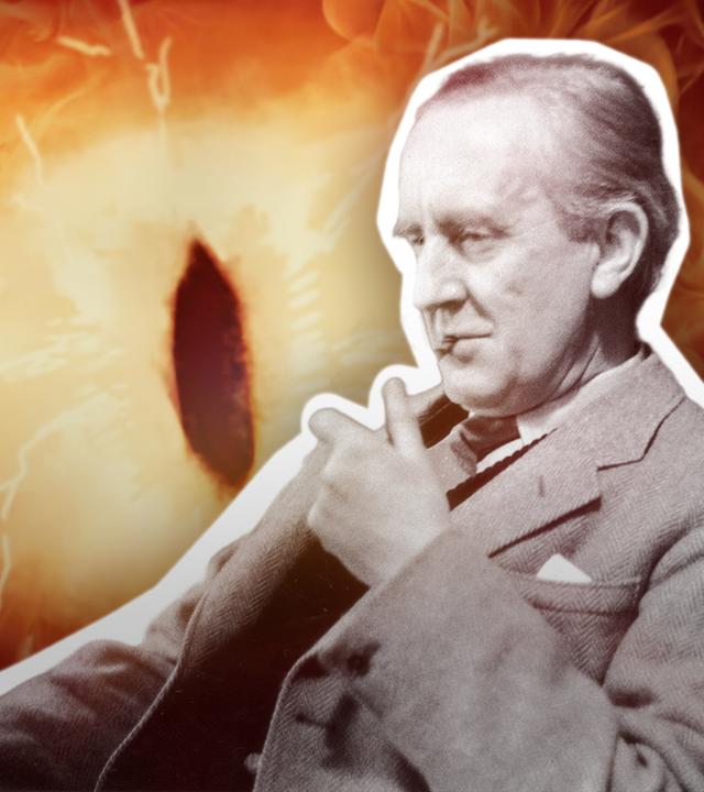 Bild von J. R. R. Tolkien, im Hintergrund das feurige Auge Saurons.