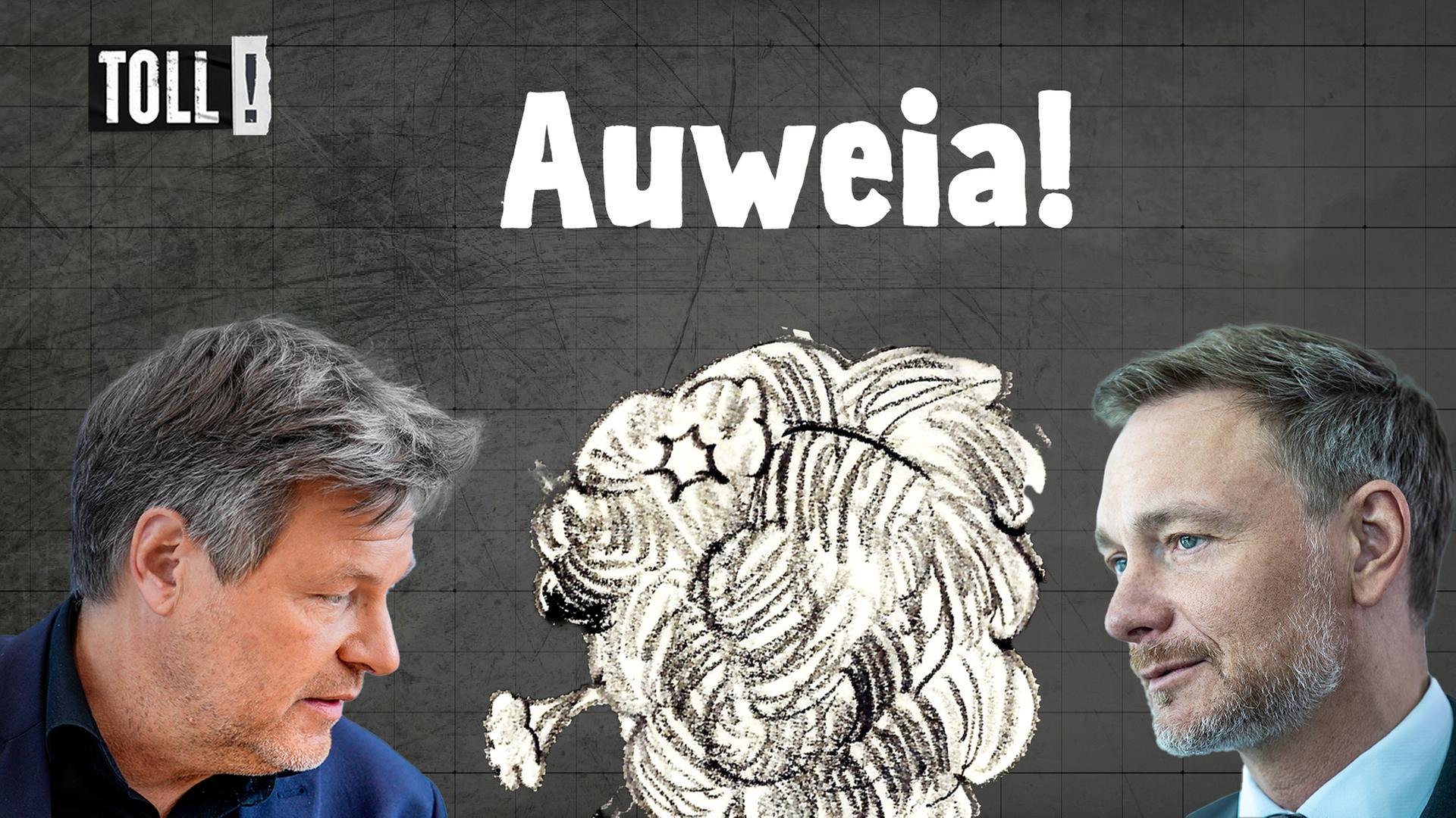 Robert Habeck, links, und Christian Lindner, rechts, stehen sich in Profilaufnahmen gegenüber, darüber Bildüberschrift "Auweia!"