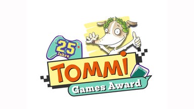 Bunt gestaltetes Logo des „TOMMI Games Award“ zum 25-jährigen Jubiläum. Im Zentrum steht der Schriftzug "TOMMI" auf einem gelben Banner, darüber eine comicartige Figur mit Lorbeerkranz, daneben ein Badge mit "25 Jahre"