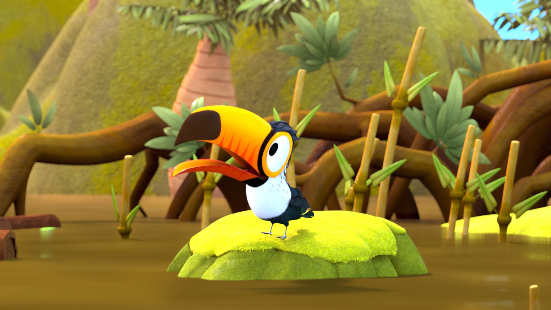 Tukan Toni steht auf einer kleinen grünen Insel mitten im Sumpf. Im Hintergrund Mangrovenbäume.