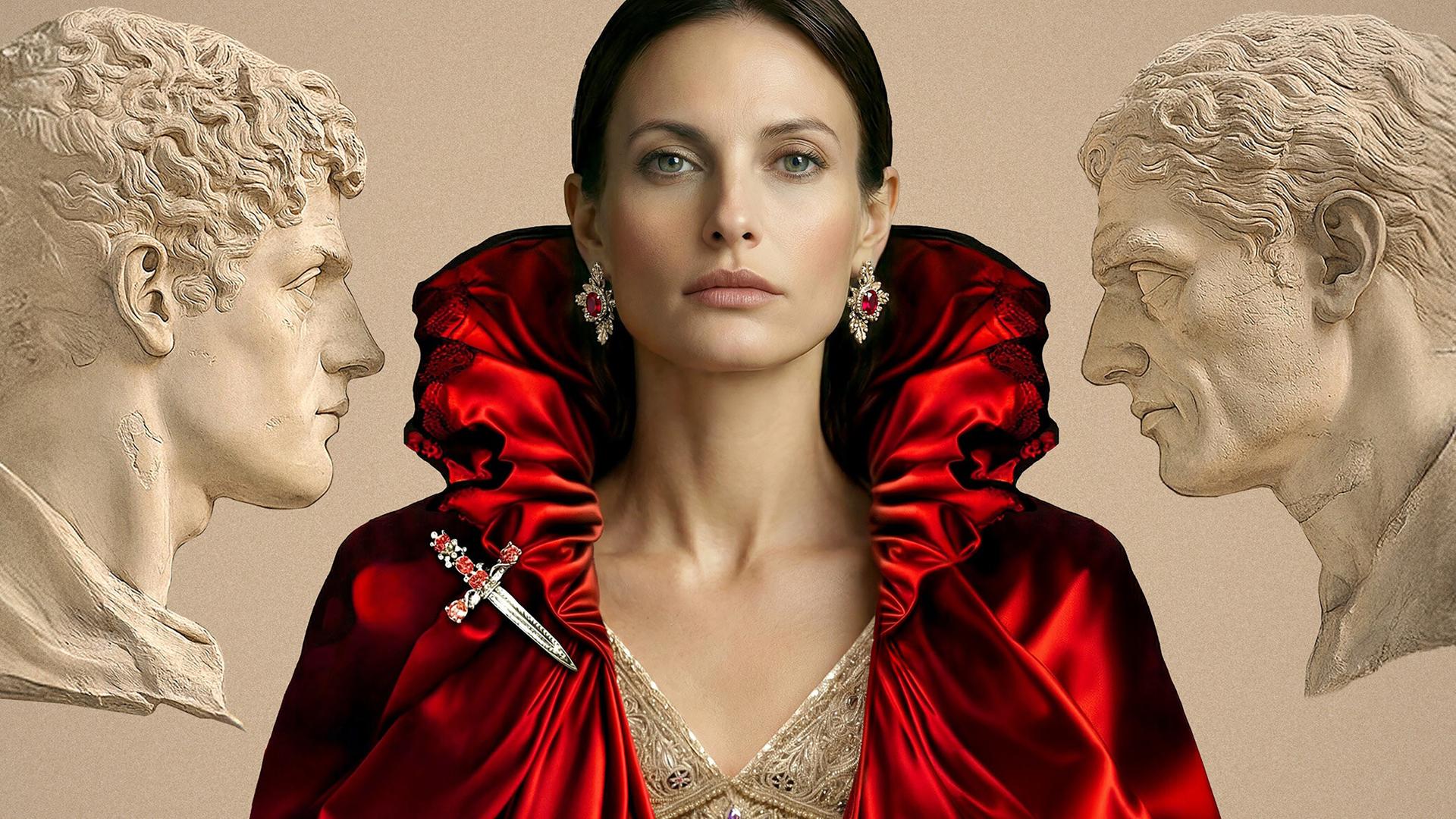 Auf dem Bild ist eine künstlerische Collage zu sehen, die eine weibliche Figur in einem auffälligen, roten Kleid mit einem drapierten Kragen zeigt. Die Figur hat eine neutrale Gesichtsausdruck, und ihre Haare sind in einem glatten Stil nach hinten gekämmt. Um sie herum sind zwei sculpturale Köpfe aus Stein dargestellt, die einen männlichen Charakter repräsentieren. Diese Köpfe sind in Profilansicht angeordnet und scheinen der weiblichen Figur gegenüber zu stehen. Der Hintergrund ist in einem hellen, einheitlichen Farbton gehalten, der die zentrale Figur und die Skulpturen hervorhebt. Die gesamte Komposition vermittelt einen künstlerischen und dramatischen Eindruck.
