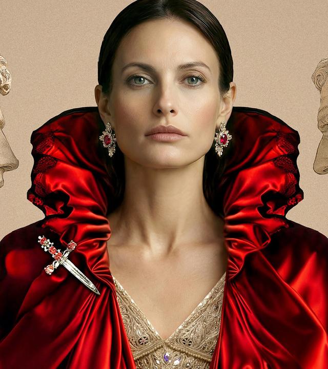 Auf dem Bild ist eine künstlerische Collage zu sehen, die eine weibliche Figur in einem auffälligen, roten Kleid mit einem drapierten Kragen zeigt. Die Figur hat eine neutrale Gesichtsausdruck, und ihre Haare sind in einem glatten Stil nach hinten gekämmt. Um sie herum sind zwei sculpturale Köpfe aus Stein dargestellt, die einen männlichen Charakter repräsentieren. Diese Köpfe sind in Profilansicht angeordnet und scheinen der weiblichen Figur gegenüber zu stehen. Der Hintergrund ist in einem hellen, einheitlichen Farbton gehalten, der die zentrale Figur und die Skulpturen hervorhebt. Die gesamte Komposition vermittelt einen künstlerischen und dramatischen Eindruck.