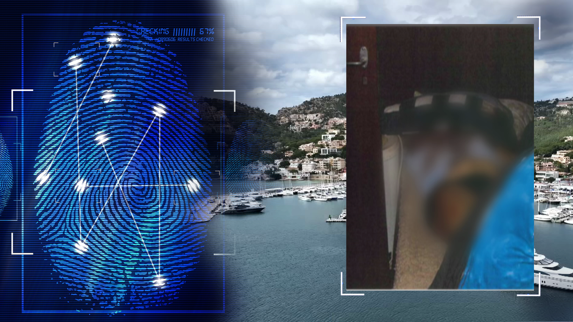 Bild aus der Polizeiakte zeigt Leichenauffindesituation in der Koje einer Jacht. Im Hintergrund die Küste Mallorcas. Links daneben: Lichtschematische Darstellung eines Fingerabdrucks.