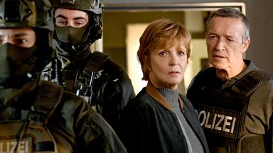 Ellen Lucas (Ulrike Kriener) steht in der Mitte eines vierköpfigen Polizeiteams, neben ihr steht Boris Noethen (Michael Roll) und spricht mit ihr.