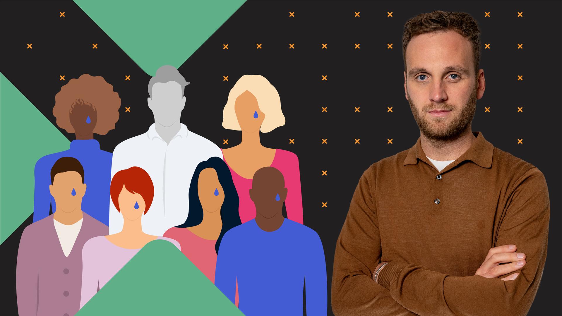 Psychologe Leon Windscheid schaut mit traurigem Blick in die Kamera. Neben ihm die bunten Silhouetten von Menschen mit Tränen im Gesicht. Eine Figur ist ausgegraut.