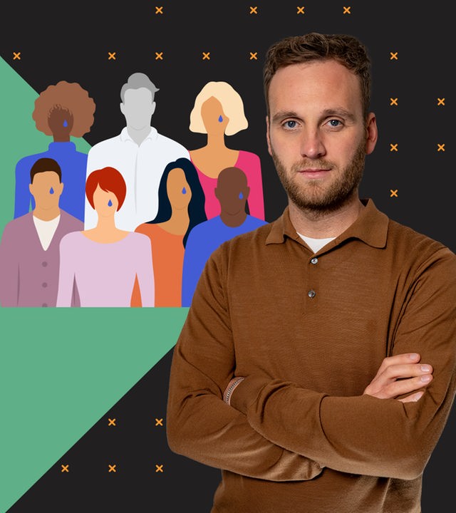 Psychologe Leon Windscheid schaut mit traurigem Blick in die Kamera. Neben ihm die bunten Silhouetten von Menschen mit Tränen im Gesicht. Eine Figur ist ausgegraut.