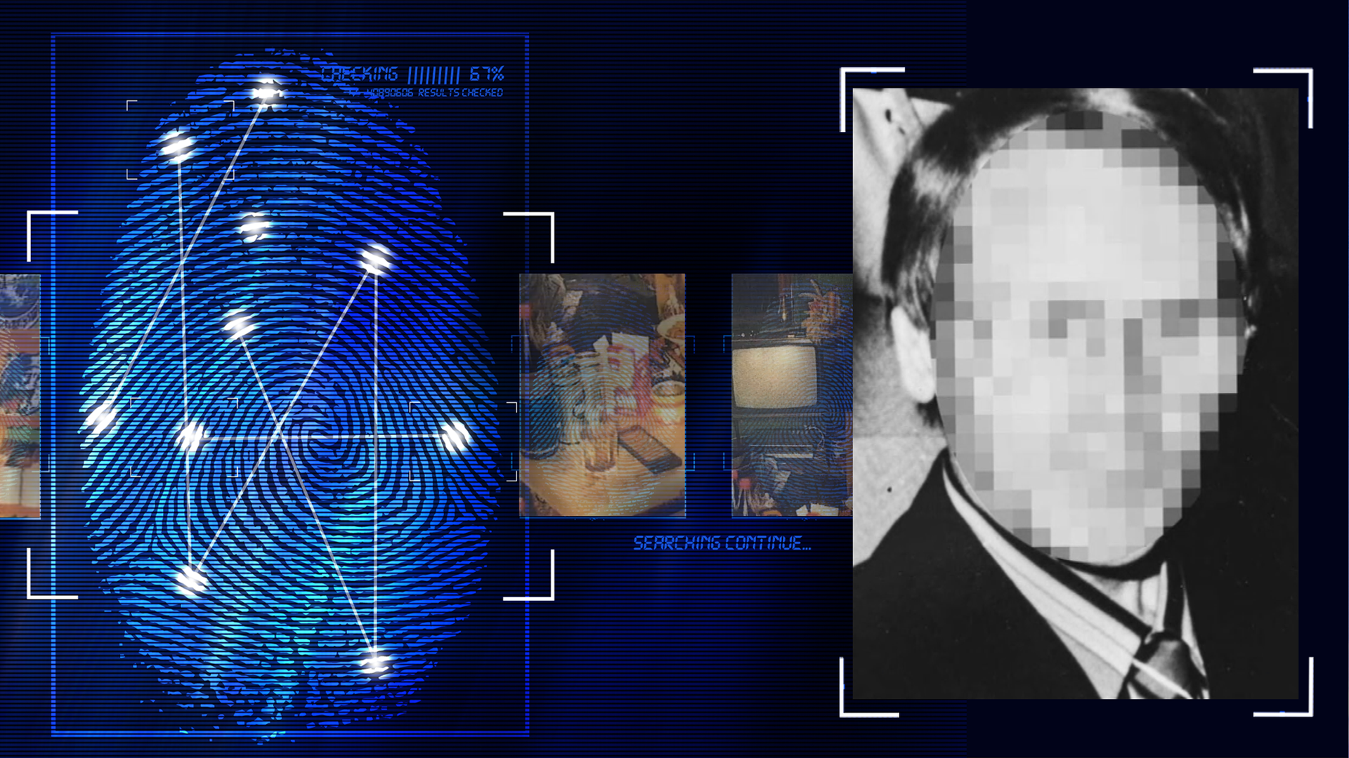Portraitfoto eines Mannes (schwarzweiß). Das Gesicht wurde technisch verfremdet. Er trägt ein dunkles Jacket ein Hemd mit Streifen und eine Krawatte. Links daneben: Lichtschematische Darstellung eines Fingerabdrucks.