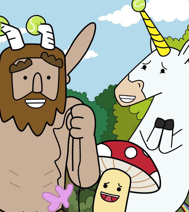 Herbert, Twinkle, Hufius, Tupfen und Blümchen stehen eng zusammen und lachen. Herbert, Hufius und Blümchen haben Tennisbälle auf ihren Hörnern bzw. Rechen aufgespießt.