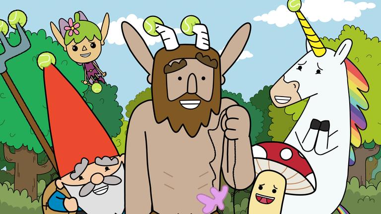 Herbert, Twinkle, Hufius, Tupfen und Blümchen stehen eng zusammen und lachen. Herbert, Hufius und Blümchen haben Tennisbälle auf ihren Hörnern bzw. Rechen aufgespießt.
