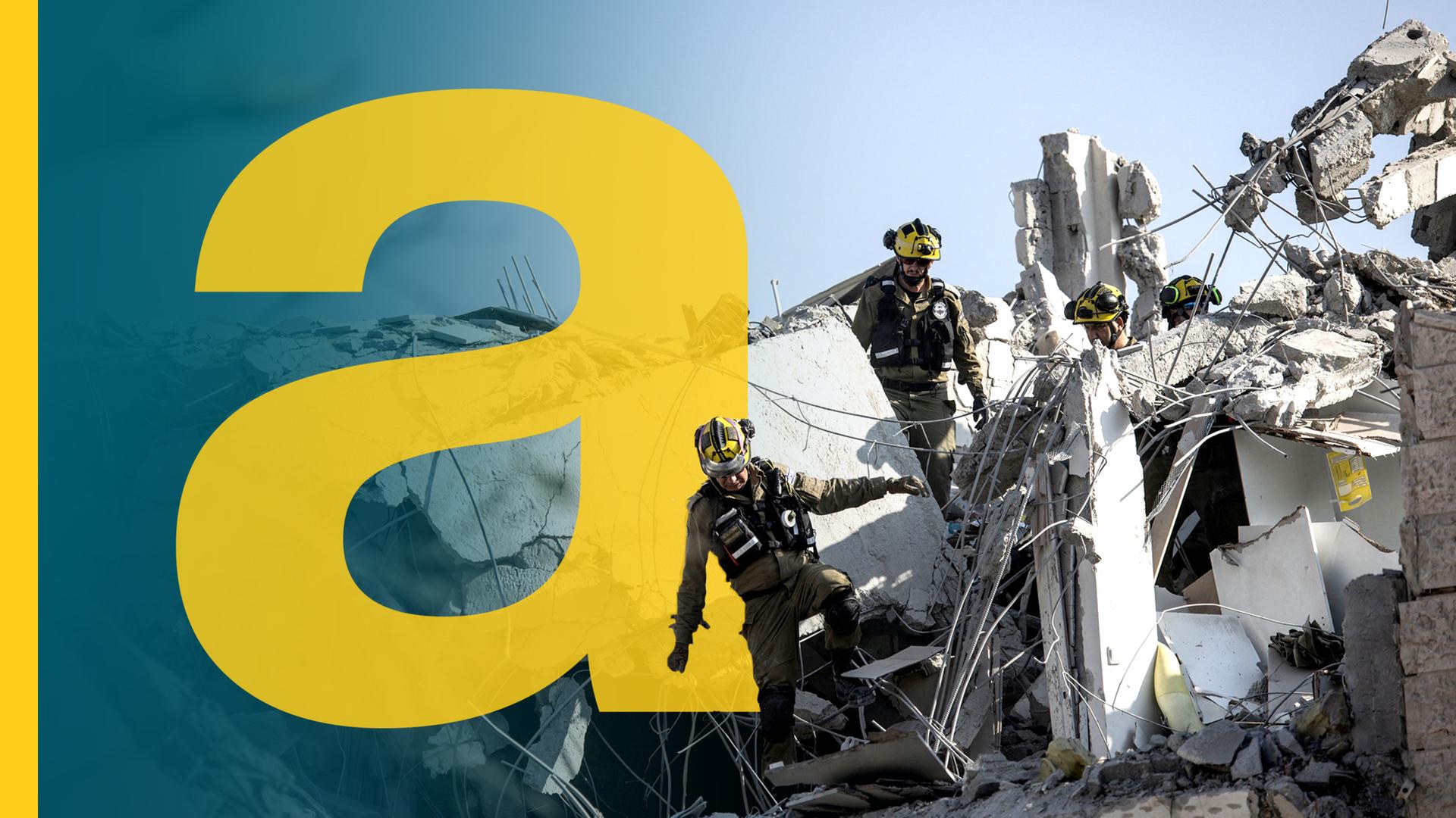 auslandsjournal-Logo großes gelbes a, dahinter israelische Soldaten auf Trümmern von Gebäude in Tel Aviv