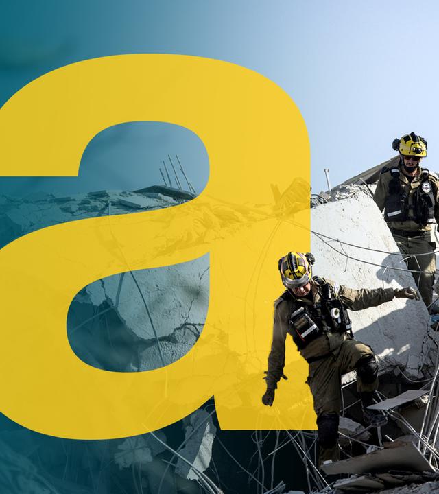 auslandsjournal-Logo großes gelbes a, dahinter israelische Soldaten auf Trümmern von Gebäude in Tel Aviv