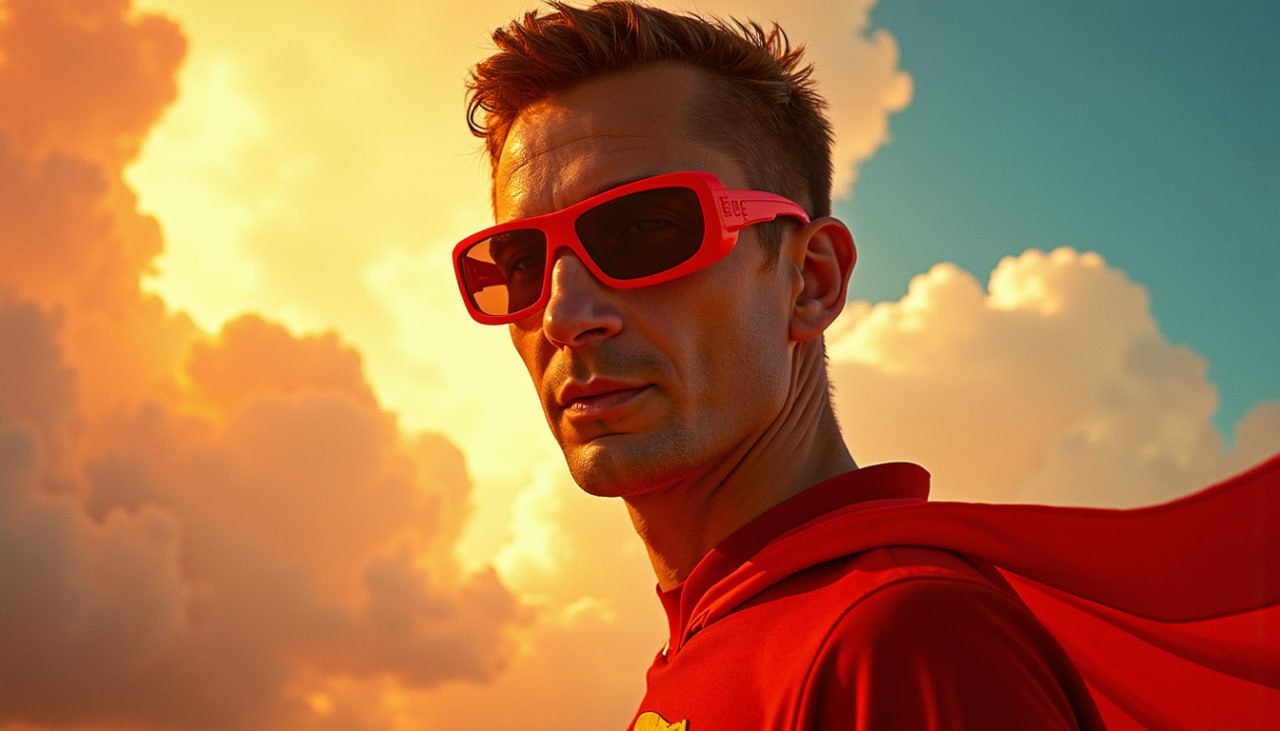 Eric Mayer wird durch Ki als Supermann mit roter Sonnenbrille dargestellt