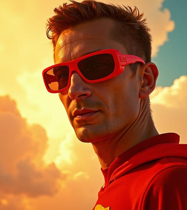 Eric Mayer wird durch Ki als Supermann mit roter Sonnenbrille dargestellt