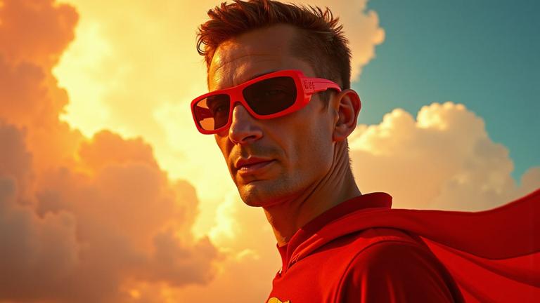 Eric Mayer wird durch Ki als Supermann mit roter Sonnenbrille dargestellt