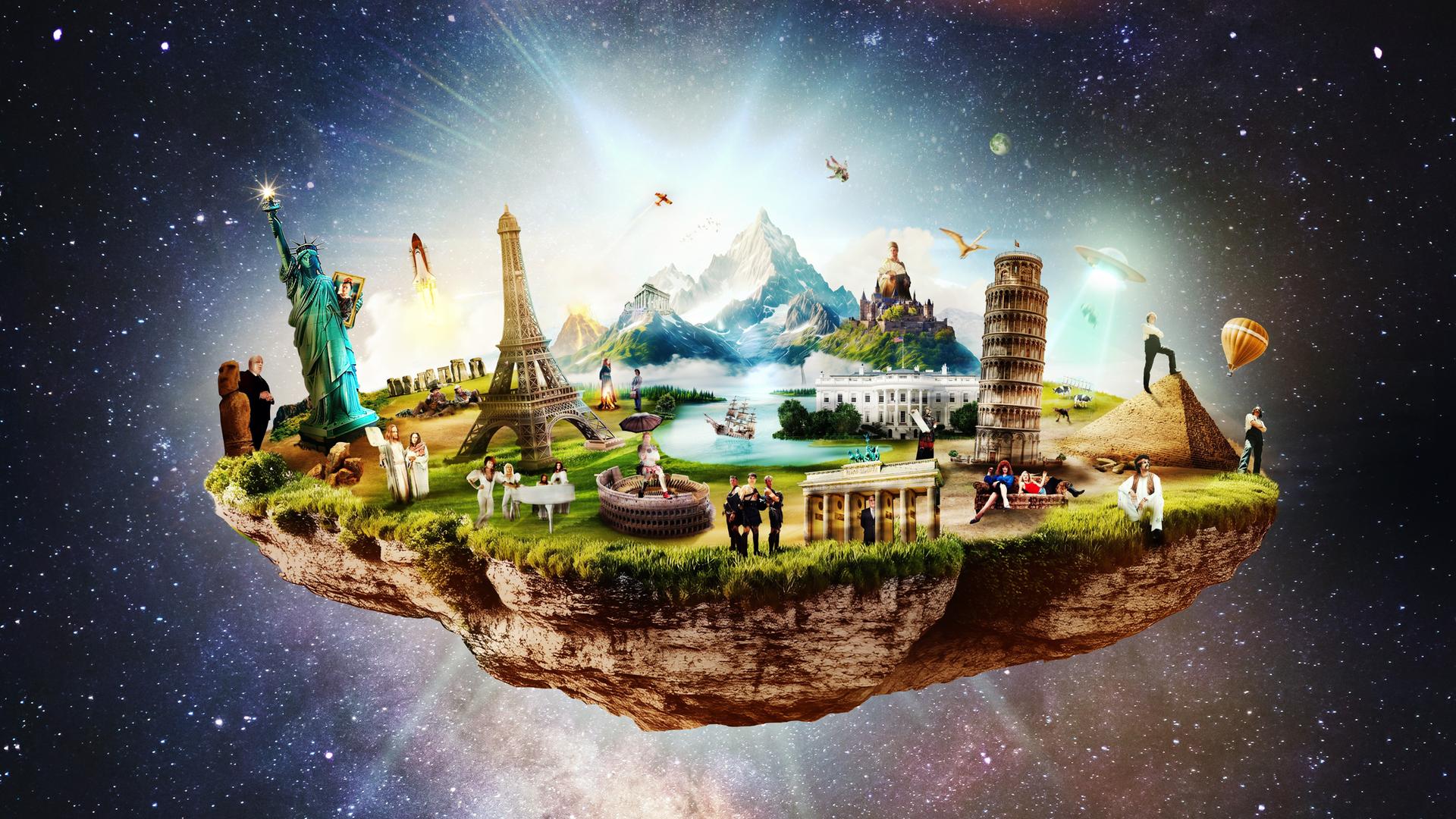 Es ist eine schwebende flache Landmasse zu sehen, auf der sich diverse Wahrzeichen der Welt befinden. Im Hintergrund ist das Weltall.