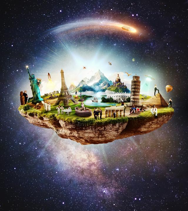 Es ist eine schwebende flache Landmasse zu sehen, auf der sich diverse Wahrzeichen der Welt befinden. Im Hintergrund ist das Weltall.