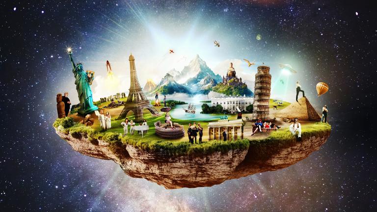 Es ist eine schwebende flache Landmasse zu sehen, auf der sich diverse Wahrzeichen der Welt befinden. Im Hintergrund ist das Weltall.