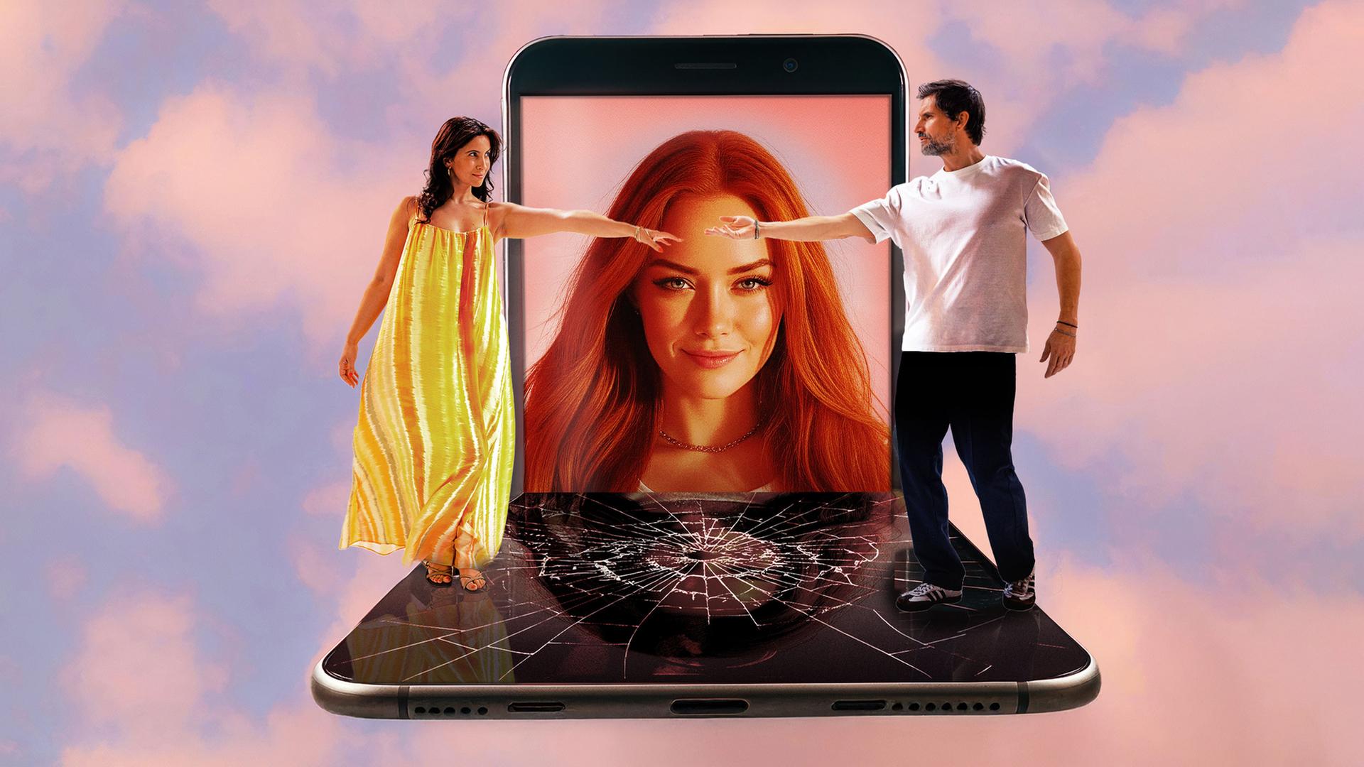 Frank (Tom Beck) und Lisa (Chryssanthi Kavazi) stehen sich mit Abstand auf einem kaputten Display eines Smartphones gegenüber, beide strecken einen Arm zueinander, ohne sich zu berühren. Zwischen ihnen ist das Display eines Smartphones zu sehen, auf dem eine rothaarige Frau selbstsicher lächelt. Im Hintergrund ist ein rosafarbener Wolkenhimmel zu sehen.
