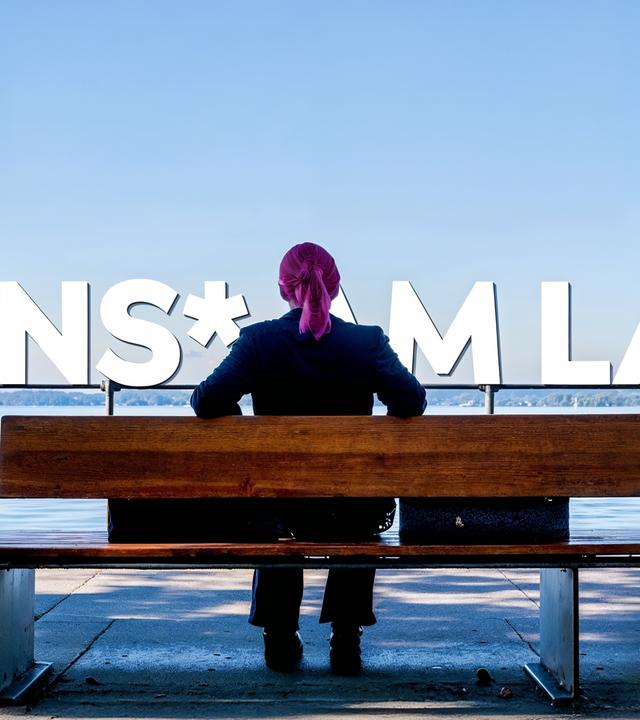 Eine Person mit pinkem Haar sitzt mit dem Rücken zur Kamera auf einer Bank am Seeufer. Über dem See ist der Schriftzug TRANS* AM LAND in großen weißen Buchstaben eingeblendet.