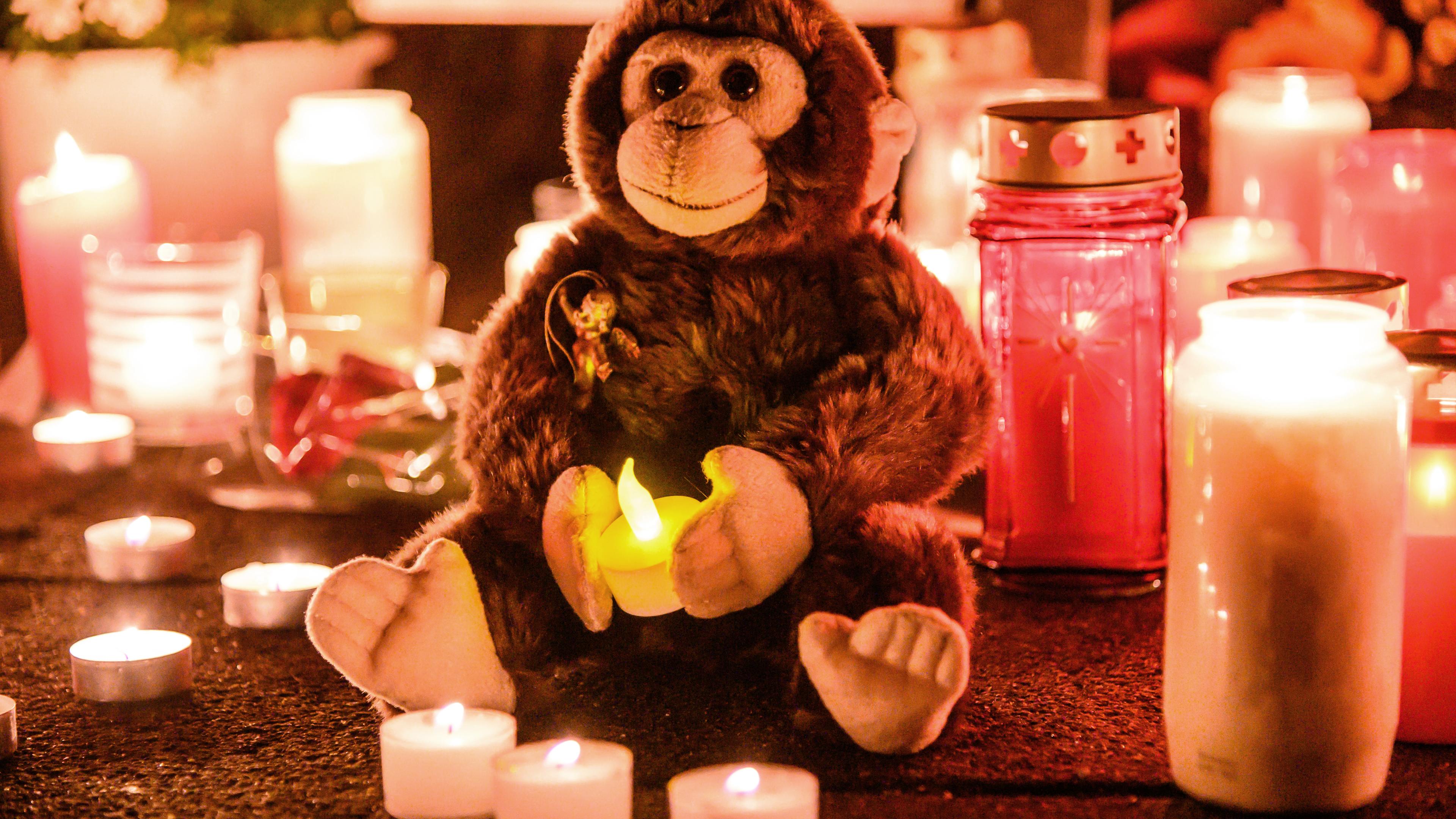 Die Bevölkerung hat Kerzen am Zoo in Krefeld aufgestellt in Trauer um die Affen.
