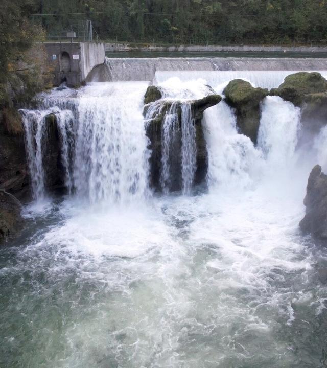 Das Bild zeigt einen beeindruckenden Wasserfall, der Teil des Flusses Traun in Österreich ist. Der Wasserfall stürzt aus mehreren Stufen herunter und bildet dabei schäumendes Wasser, das in den darunterliegenden Fluss fließt. Am oberen Rand des Wasserfalls ist eine Betonmauer sichtbar, die möglicherweise eine Wehranlage darstellt. Um den Wasserfall herum sind natürliche Felsen und flussnahe Pflanzen zu sehen. Im Hintergrund sind Wälder sichtbar, die sich an den Ufern des Flusses erstrecken. Die gesamte Szenerie wirkt dynamisch und lebendig, geprägt von dem rauschenden Wasser und der umgebenden Natur.