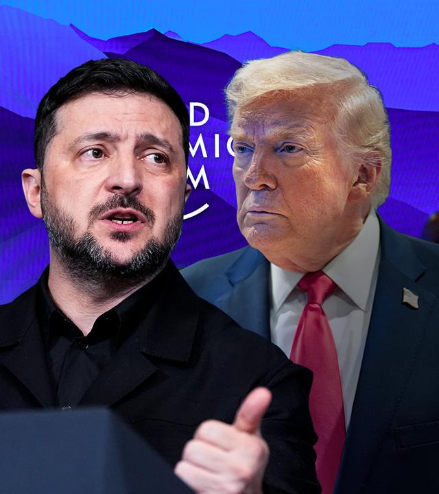 Selenskyj und Trump vor einem blauen Hintergrund des Weltwirtschaftsforums in Davos