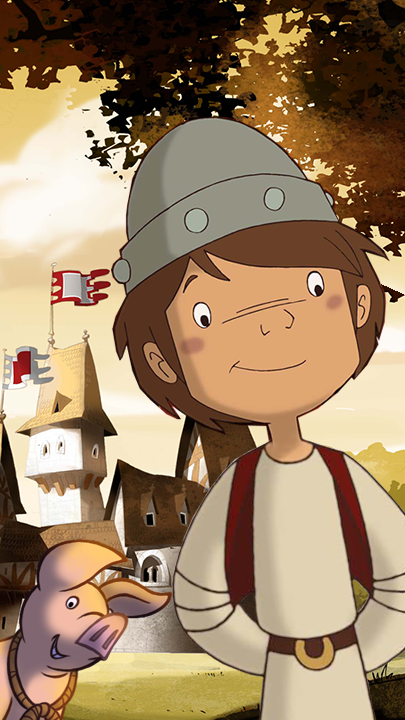 Ritter Trenk und Ferkelchen im Wald mit Blick auf Burg Hohenlob. Thekla zielt mit der Steinschleuder.