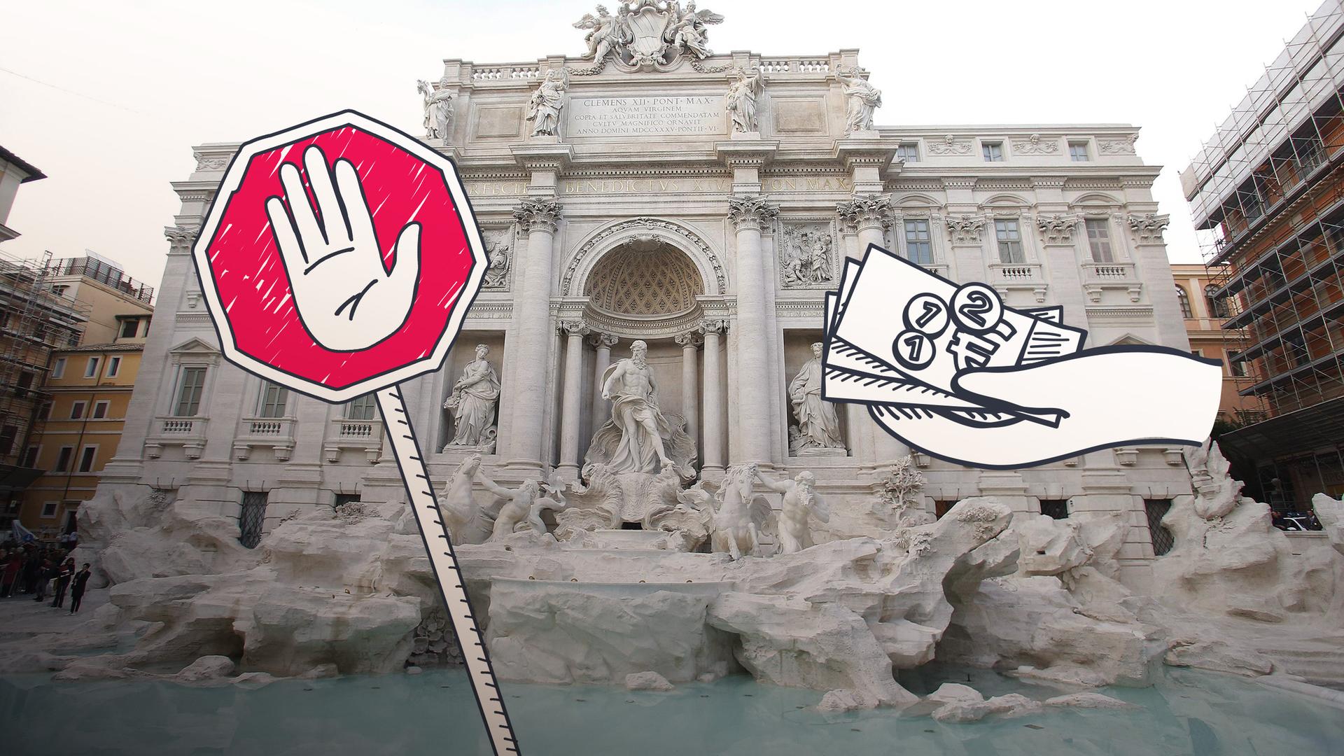 Trevibrunnen mit einem Stop-Schild davor und einer Hand die Geld kassiert