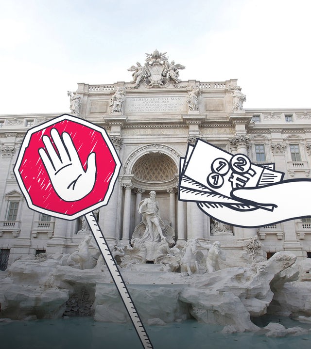 Trevibrunnen mit einem Stop-Schild davor und einer Hand die Geld kassiert