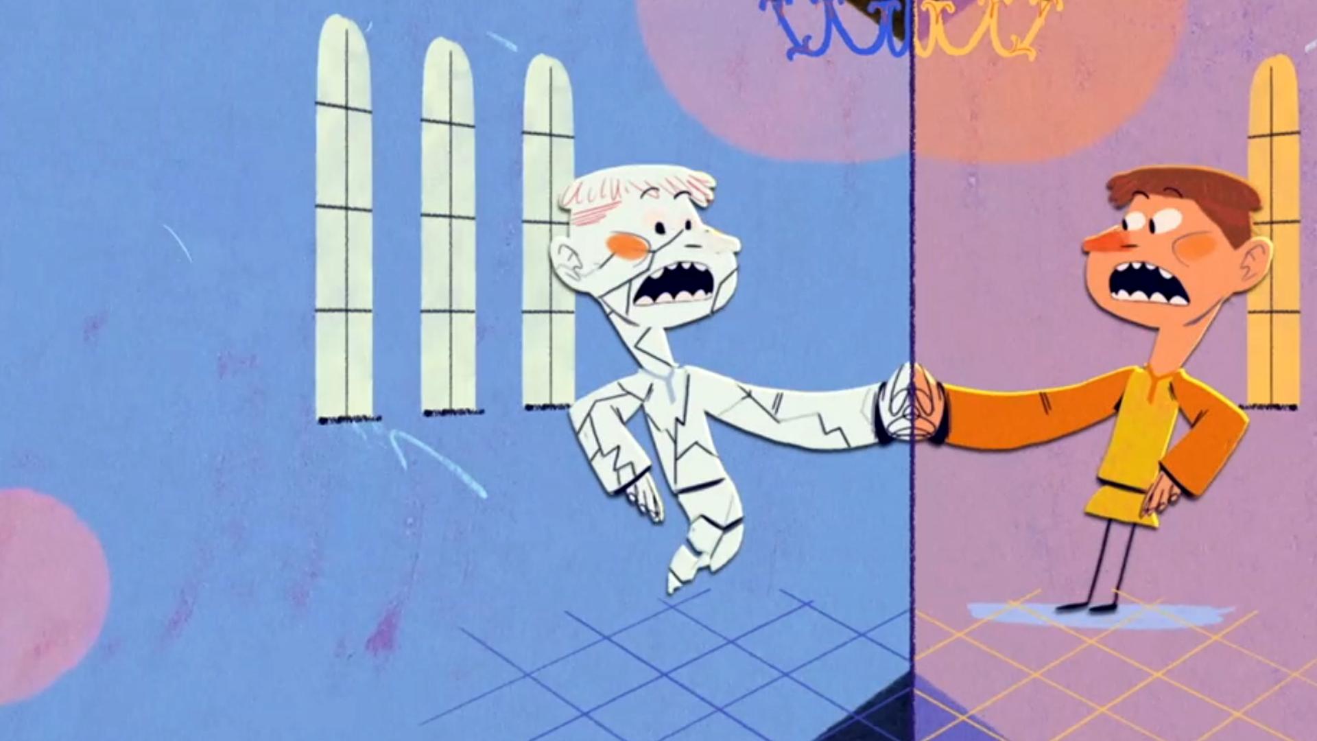 Figur sieht sich selbst im Spiegel und erschrickt