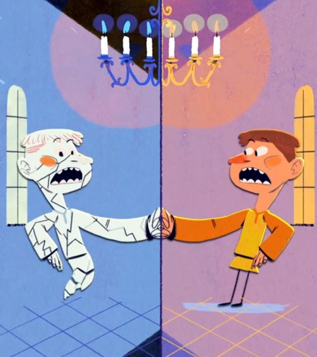 Figur sieht sich selbst im Spiegel und erschrickt