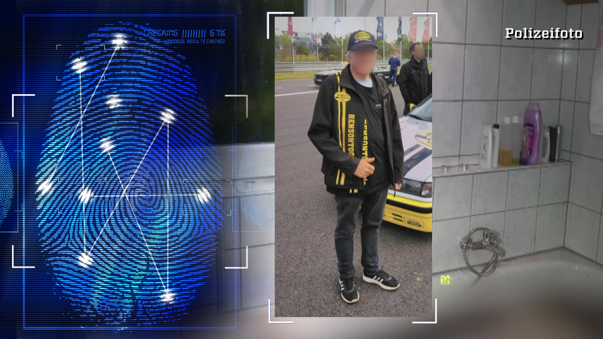 Ganzkörperaufnahme eines Manns vor einem Motorsportfahrzeug. Das Gesicht wurde im Bild verfremdet. Im Hintergrund schemenhaft: Eine Badewanne mit einer Leiche (ebenfalls technisch verfremdet).