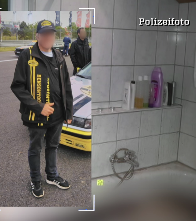 Ganzkörperaufnahme eines Manns vor einem Motorsportfahrzeug. Das Gesicht wurde im Bild verfremdet. Im Hintergrund schemenhaft: Eine Badewanne mit einer Leiche (ebenfalls technisch verfremdet).