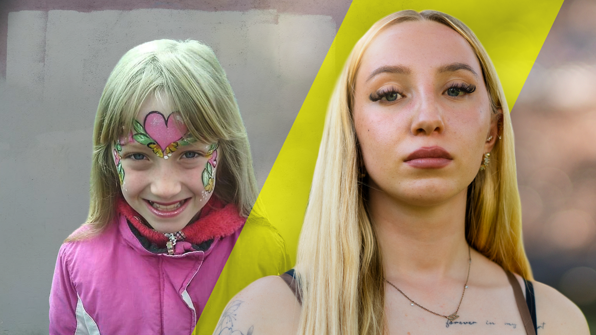 Caithlen rechts im Bild, schaut ernst in die Kamera. Links im Bild Fotomontage: Caithlen als kleines Mädchen 