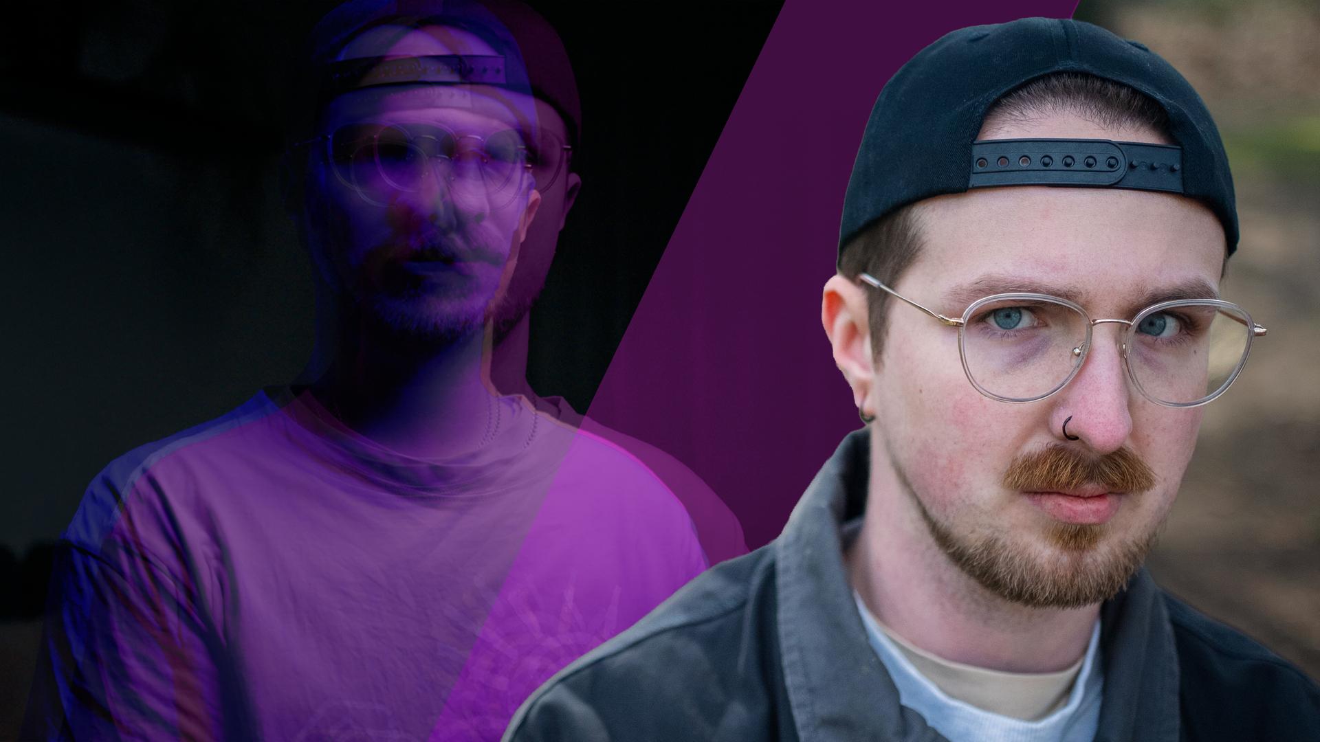 Robin (rechts im Bild) schaut fragend in die Kamera, er trägt eine Brille und ein Käppi. Links im Bild (ebenfalls Robin) illustriert, verschwommen und gedoppelt. 