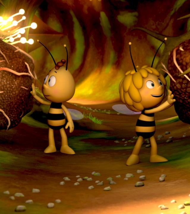 Maja und Willi untersuchen das Wurzelwerk der kranken Eiche unter der Erde. Sie sehen Trüffel in den Wurzeln.