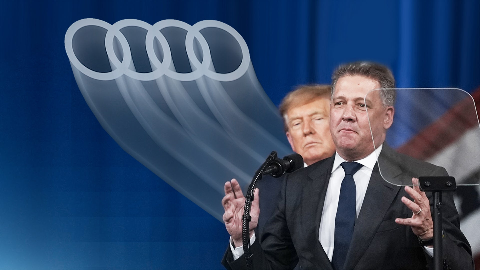 Links sind die typischen vier Audi-Ringe zu sehen. Rechts umarmen sich Donald Trump und Audi-Chef Gernot Döllner.
