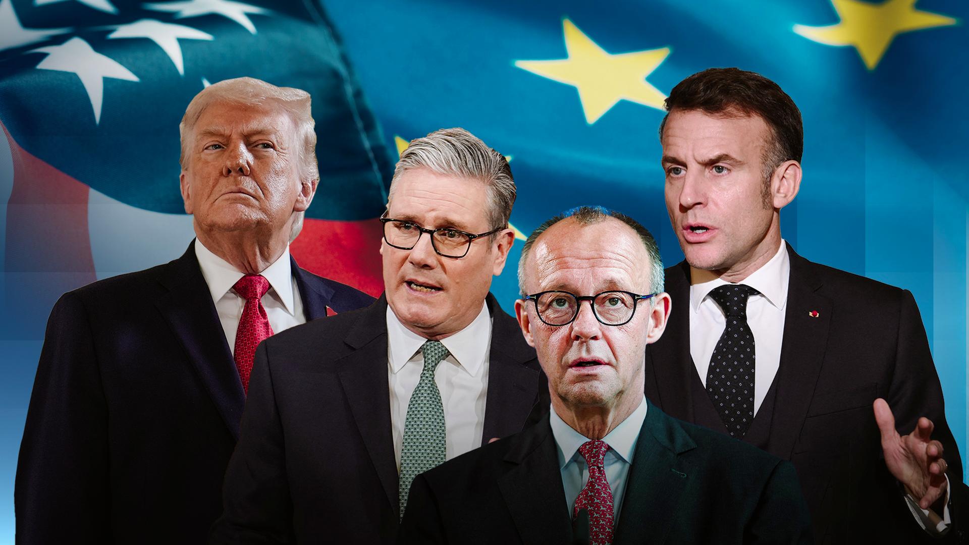 Oberkörper-Ausschnitte von Donald Trump, Keir Starmer, Friedrich Merz und Emmanuel Macron vor einer USA und EU-Flagge
