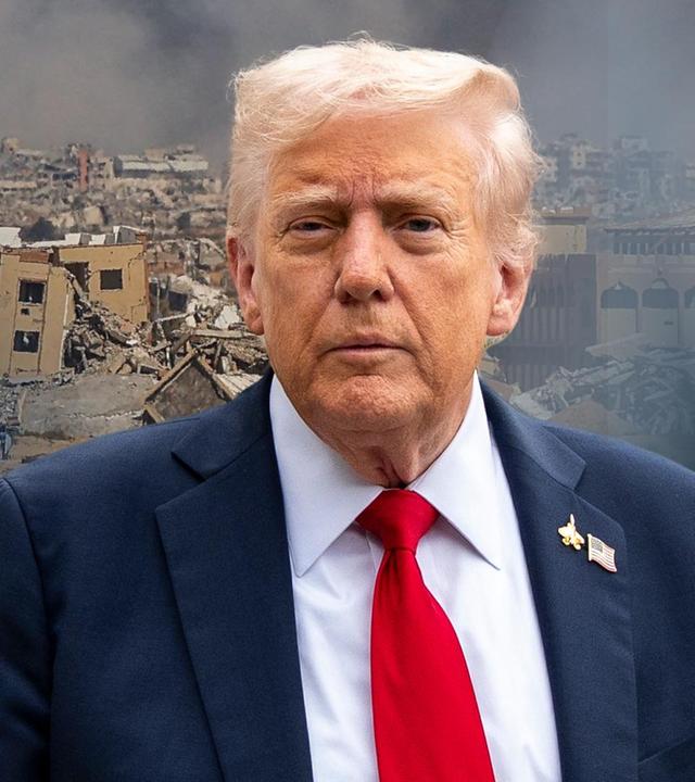US-Präsident Donald Trump wird vor einer zerstörten Szene aus Gaza eingeblendet.