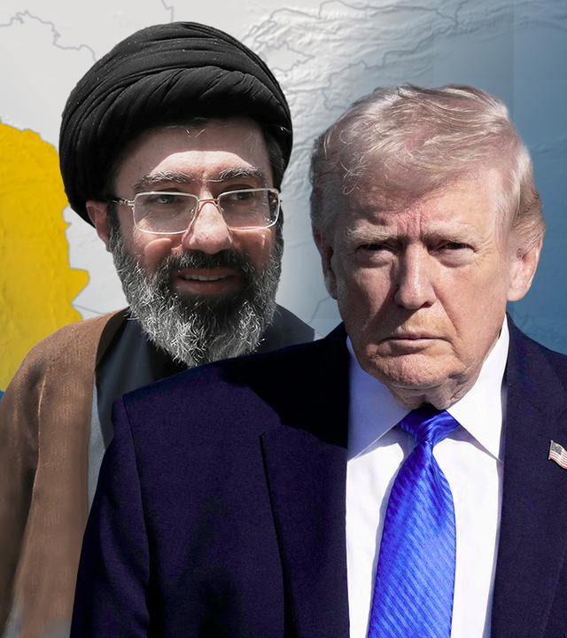 US-Präsident Donald Trump und Chameneis Sohn Modschtaba werden vor einer Iran-Karte abgebildet.